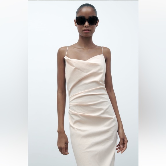Zara DRAPED MIDI DRESS. Ecru. Size XS. NWT. - Picture 4 of 9